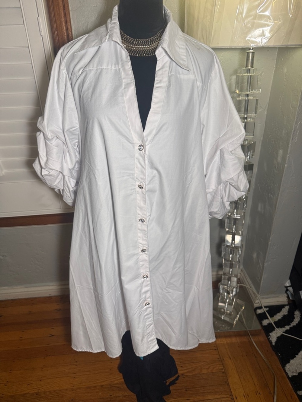 White Button-Front Shirt Dress with Ruched Sleeves